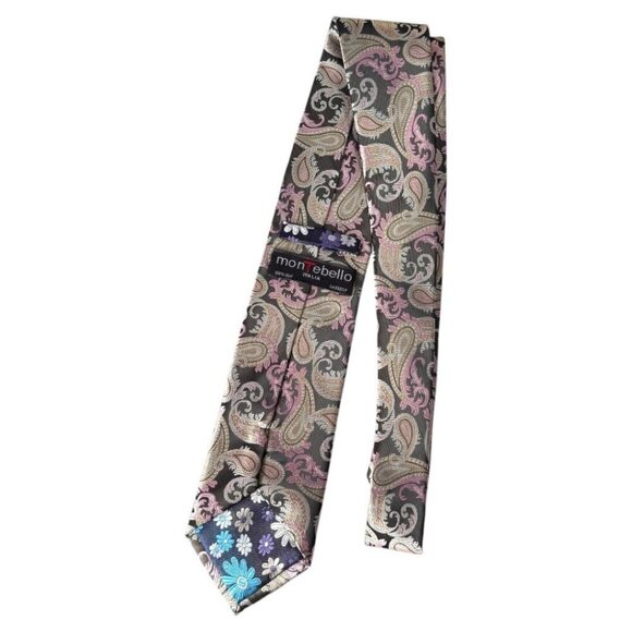Montebello Italia Silk Tie‎ Brown Pink Paisley Floral Necktie Menswear - Picture 4 of 4